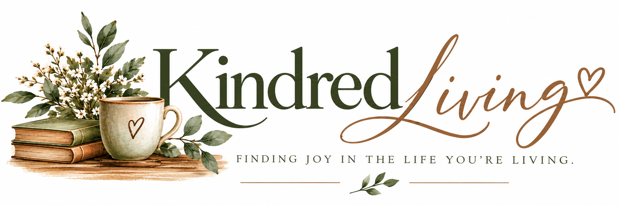 Kindred Living illustrated logo with books, a coffee mug and botanical flowers